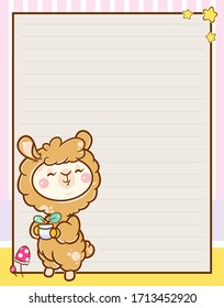 Vector printing paper note, A4 size. Lined paper blank for notebook, diary, letters, planners, notes. Kawaii anime Llama with plants on yellow-pink background, stars and mushrooms