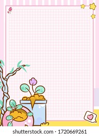 Vector printing paper note, A4 size. Squared paper blank for notebook, diary, letters, planners, notes. Kawaii plants in flower pots and tree on yellow-pink background, stars, heart, mushrooms