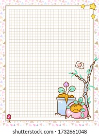 Vector printing paper note, A4 size. Squared paper blank for notebook, diary, letters, planners, notes. Kawaii plants, flower in pot and tree on geometric triangles background, stars, heart, mushroom