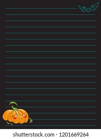 Vector printing paper note black color for white pen or ink. Kawaii paper page for notebook, letters, school notes, workbook. Halloween Pumpkin, bat art. Lined sheet, A4 size