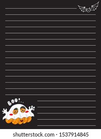 Vector printing paper note black color for white pen or ink. Kawaii paper page for notebook, letters, school notes, workbook. Halloween Pumpkin, bat art. Lined sheet, A4 size