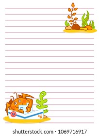 Vector printing paper note. Cute paper page for notebook, diary, letters, school notes, workbook. Kawaii illustration of funny crab with seaweeds, corals. White background, lined sheet