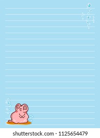 Vector printing paper note. Cute paper page for notebook, diary, letters, school notes, workbook. Kawaii illustration of pearl oyster with water bubbles. Colored light blue background, lined sheet