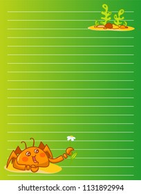 Vector printing paper note. Cute paper page for notebook, diary, letters, school notes, workbook. Kawaii illustration of smiling crab with seaweeds, corals. Colored green background, lined sheet