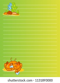 Vector printing paper note. Cute paper page for notebook, diary, letters, school notes, workbook. Kawaii illustration of sly crab with seaweeds, corals. Colored green background, lined sheet