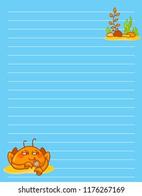 Vector printing paper note. Cute paper page for notebook, diary, letters, school notes, workbook. Kawaii illustration of cute crab with seaweeds, corals. Colored blue background, lined sheet