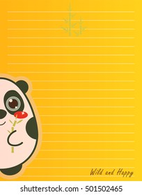 Vector printing paper note. Cute paper page for notebook, diary, letters, school notes, workbook. Kawaii illustration, flat panda and bamboo. Colored yellow background, lined sheet