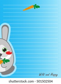 Vector printing paper note. Cute paper page for notebook, diary, letters, school notes, workbook. Kawaii illustration, flat bunny and carrot. Colored blue background, lined sheet