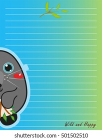 Vector printing paper note. Cute paper page for notebook, diary, letters, school notes, workbook. Kawaii illustration, flat mole and leaves. Colored blue background, lined sheet