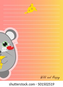 Vector printing paper note. Cute paper page for notebook, diary, letters, school notes, workbook. Kawaii illustration, flat mouse and cheese. Colored pink background, lined sheet