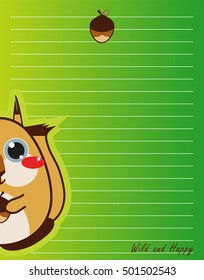 Vector printing paper note. Cute paper page for notebook, diary, letters, school notes, workbook. Kawaii illustration, flat squirrel and acorn. Colored green background, lined sheet