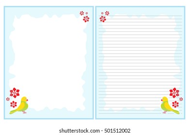 Vector printing paper note. Cute paper page for notebook, diary, letters, school notes, workbook. Kawaii illustration in flat style. Parrots and flower elements. Two options: with line and without