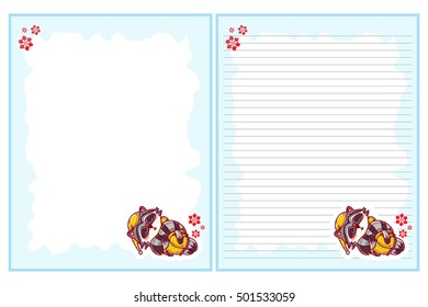 Vector printing paper note. Cute paper page for notebook, diary, letters, school notes, workbook. Kawaii illustration, cute raccoon girl. Two options: with line and without