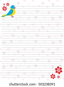 Vector printing paper note. Cute paper page for notebook, diary, letters, school notes, workbook. Kawaii illustration in flat style. Parrots and flower elements. Lined sheet