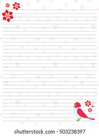 Vector printing paper note. Cute paper page for notebook, diary, letters, school notes, workbook. Kawaii illustration in flat style. Parrots and flower elements. Lined sheet