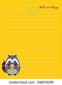 Vector printing paper note. Cute paper page for notebook, diary, letters, school notes, workbook. Kawaii illustration, flat raccoon and bamboo. Colored yellow background, lined sheet