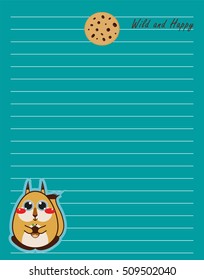 Vector printing paper note. Cute paper page for notebook, diary, letters, school notes, workbook. Kawaii illustration, flat squirrel and cookie. Colored dark green background, lined sheet