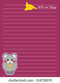 Vector printing paper note. Cute paper page for notebook, diary, letters, school notes, workbook. Kawaii illustration, flat mouse and cheese. Colored purple background, lined sheet