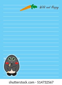 Vector printing paper note. Cute paper page for notebook, diary, letters, school notes, workbook. Kawaii illustration, flat mole and carrot. Colored blue background, lined sheet