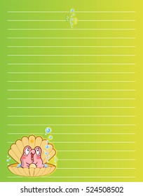 Vector printing paper note. Cute paper page for notebook, diary, letters, school notes, workbook. Kawaii illustration of pearl oyster with shell, bubbles. Colored green background, lined sheet paper