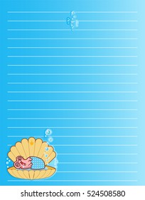 Vector printing paper note. Cute paper page for notebook, diary, letters, school notes, workbook. Kawaii illustration of pearl oyster with shell, bubbles. Colored blue background, lined sheet paper