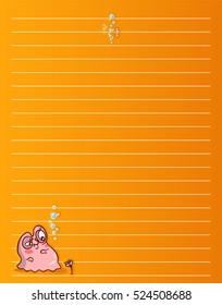 Vector printing paper note. Cute paper page for notebook, diary, letters, school notes, workbook. Kawaii illustration of moody pearl oyster, bubbles. Colored orange background, lined sheet paper