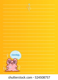 Vector printing paper note. Cute paper page for notebook, diary, letters, school notes, workbook. Kawaii illustration of grumpy pearl oyster, bubbles. Colored yellow background, lined sheet paper