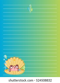 Vector printing paper note. Cute paper page for notebook, diary, letters, school notes, workbook. Kawaii illustration of pearl oyster with shell, bubbles. Colored blue-green, lined sheet paper
