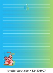 Vector printing paper note. Cute paper page for notebook, diary, letters, school notes, workbook. Kawaii illustration of pearl oyster with heart, bubbles. Colored blue-green background, lined sheet