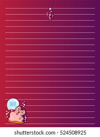Vector printing paper note. Cute paper page for notebook, diary, letters, school notes, workbook. Kawaii illustration of happy pearl oyster, bubbles. Colored purple background, lined sheet paper