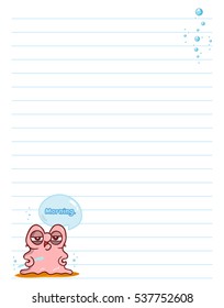 Vector printing paper note. Cute paper page for notebook, diary, letters, school notes, workbook. Kawaii illustration of pearl oyster with water bubbles. White background, lined sheet 
