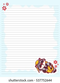 Vector printing paper note. Cute paper page for notebook, diary, letters, school notes, workbook. Kawaii illustration, cute raccoon girl. Lined sheet 