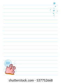 Vector printing paper note. Cute paper page for notebook, diary, letters, school notes, workbook. Kawaii illustration of pearl oyster with water bubbles. White background, lined sheet 