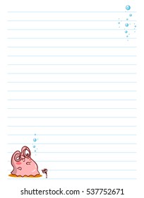 Vector printing paper note. Cute paper page for notebook, diary, letters, school notes, workbook. Kawaii illustration of pearl oyster with water bubbles. White background, lined sheet 