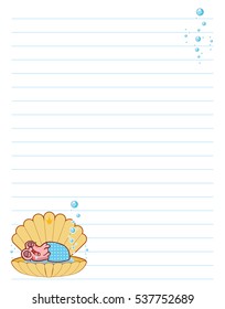 Vector printing paper note. Cute paper page for notebook, diary, letters, school notes, workbook. Kawaii illustration of pearl oyster with water bubbles. White background, lined sheet 