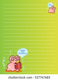 Vector printing paper note. Cute paper page for notebook, diary, letters, school notes, workbook. Kawaii illustration of pearl oyster with water bubbles. Gradient colored background, lined sheet