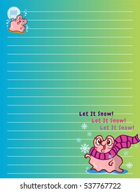 Vector printing paper note. Cute paper page for notebook, diary, letters, school notes, workbook. Kawaii illustration of pearl oyster with water bubbles. Gradient colored background, lined sheet