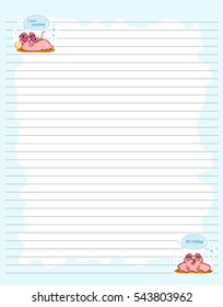 Vector printing paper note. Cute paper page for notebook, diary, letters, school notes, workbook. Kawaii illustration of pearl oyster girl. Blue and white background. Lined sheet