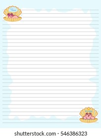 Vector printing paper note. Cute paper page for notebook, diary, letters, school notes, workbook. Kawaii illustration of pearl oyster girl. Blue and white background. Lined sheet