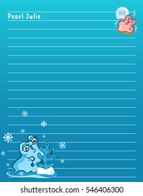Vector printing paper note. Cute paper page for notebook, diary, letters, school notes, workbook. Kawaii illustration of pearl oyster. Blue background for white pen or text, lined sheet