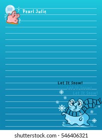 Vector printing paper note. Cute paper page for notebook, diary, letters, school notes, workbook. Kawaii illustration of pearl oyster. Blue background for white pen or text, lined sheet