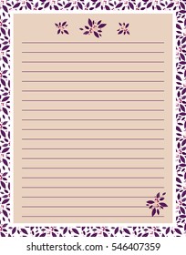 Vector printing paper note. Cute paper page for notebook, diary, letters, school notes, workbook. Cute flourish illustration, abstract design. Colored background, lined sheet