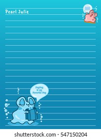 Vector printing paper note. Cute paper page for notebook, diary, letters, school notes, workbook. Kawaii illustration of pearl oyster. Blue background for white pen or text, lined sheet
