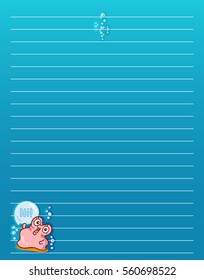 Vector printing paper note. Cute paper page for notebook, diary, letters, school notes, workbook. Kawaii illustration of pearl oyster with water bubbles. Colored ocean blue background, lined sheet