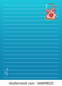 Vector printing paper note. Cute paper page for notebook, diary, letters, school notes, workbook. Kawaii illustration of pearl oyster with water bubbles. Colored ocean blue background, lined sheet