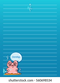Vector printing paper note. Cute paper page for notebook, diary, letters, school notes, workbook. Kawaii illustration of pearl oyster with water bubbles. Colored ocean blue background, lined sheet