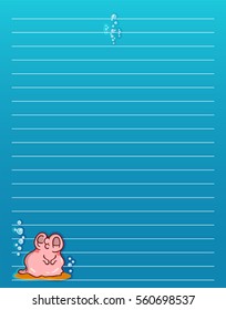 Vector printing paper note. Cute paper page for notebook, diary, letters, school notes, workbook. Kawaii illustration of pearl oyster with water bubbles. Colored ocean blue background, lined sheet