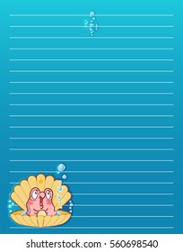 Vector printing paper note. Cute paper page for notebook, diary, letters, school notes, workbook. Kawaii illustration of pearl oyster with water bubbles. Colored ocean blue background, lined sheet