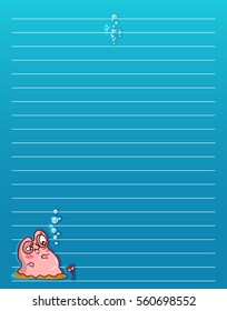 Vector printing paper note. Cute paper page for notebook, diary, letters, school notes, workbook. Kawaii illustration of pearl oyster with water bubbles. Colored ocean blue background, lined sheet