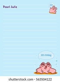 Vector printing paper note. Cute paper page for notebook, diary, letters, school notes, workbook. Kawaii illustration of pearl oyster. Tender blue background, lined sheet
